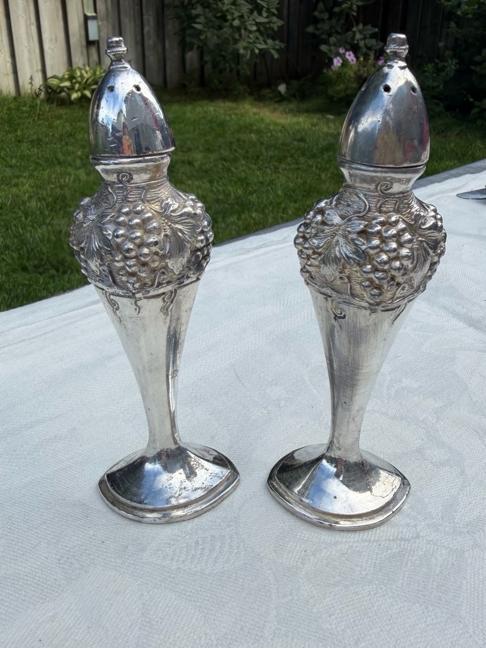 Vintage Silverplate Salt and Pepper Shakers Set Grape Vine Pattern Pedestal BP